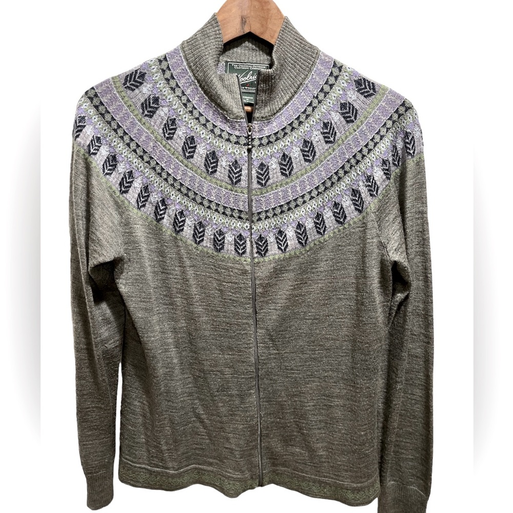 Woolrich Merino Wool Blend Lightweight Zip up Fair Isle Print Sweater Sz M